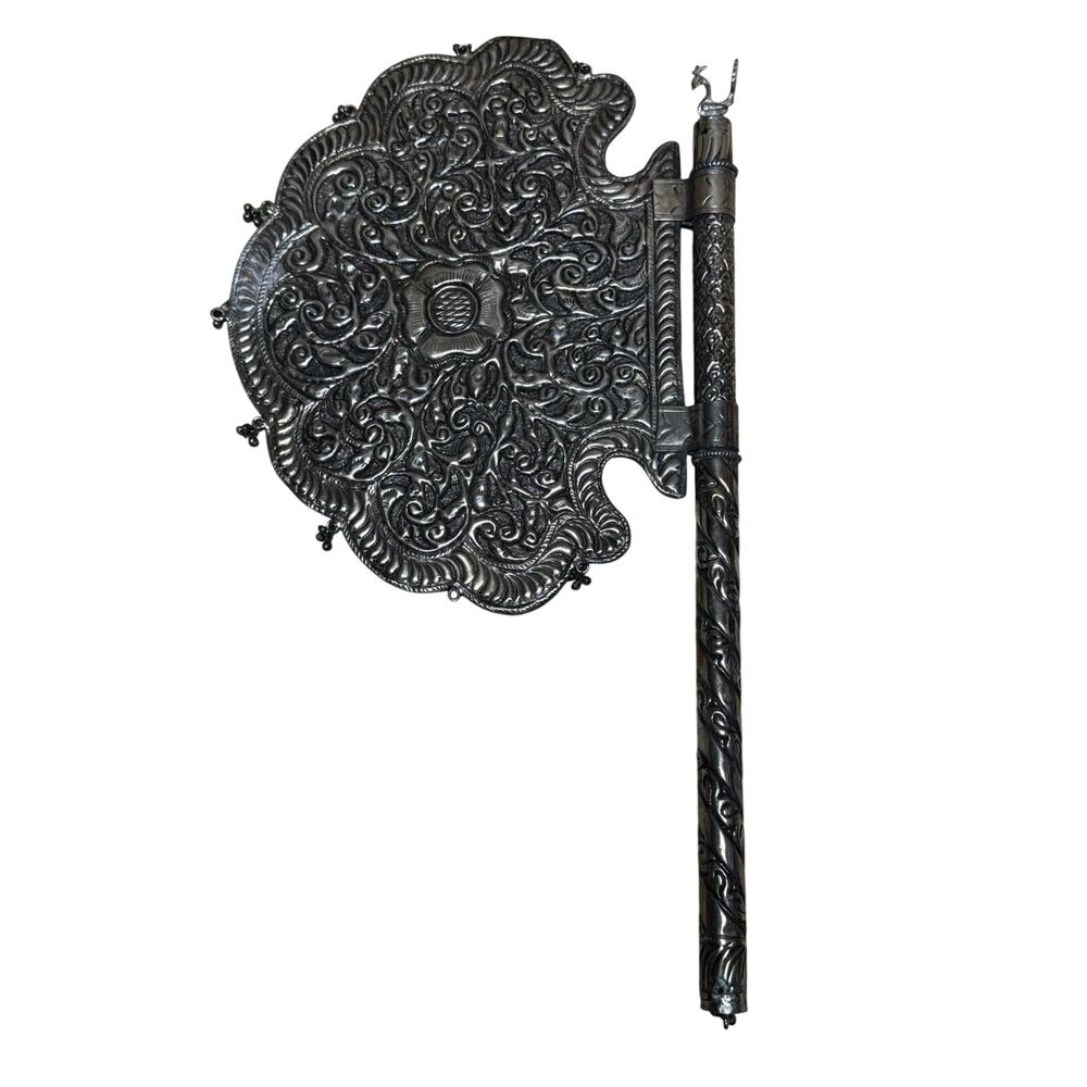 Vintage Old Hand Embossed Floral German Silver Maharaja Large 17” Pankha/Fan‎